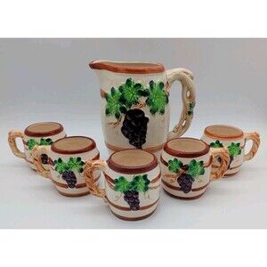 Kasuga Ware Japan Majolica Grape Pitcher 5 Mugs Vine Handles